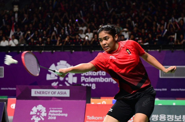 Gregoria Mariska Tunjung di Asian Games 2018. (Foto: SONNY TUMBELAKA / AFP)