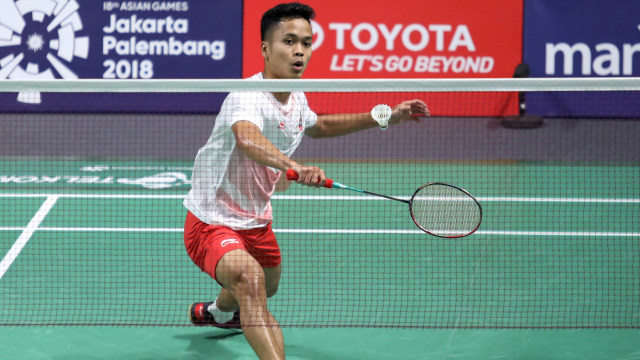 Anthony Ginting di laga vs Jepang, Asian Games 2018. (Foto: ANTARA FOTO/INASGOC/Nafielah Mahmudah/)