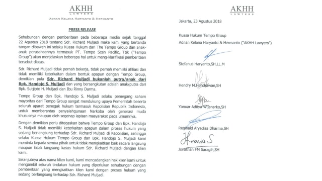 Keterangan kuasa hukum Tempo Group terkait Richard Muljadi. (Foto: Dok. Istimewa)