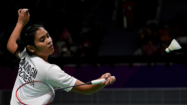 Aksi pebulu tangkis Indonesia, Gregoria Mariska Tunjung, di Asian Games 2018. (Foto: Antara/Puspa Perwitasari)