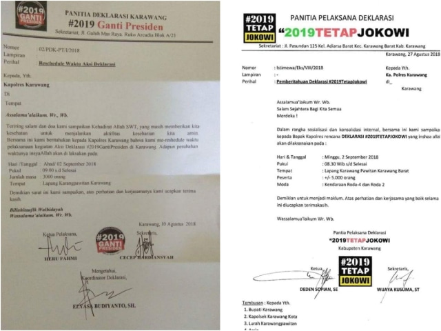 Selembaran massa "2019TetapJokowi" dan #2019gantipresiden mau buat acara di Karawang, Rabu (29/8/18). (Foto: Istimewa)