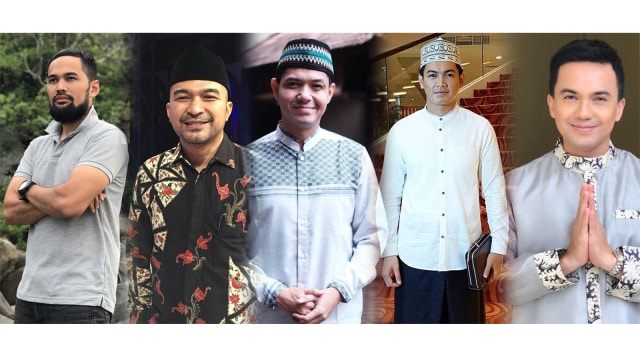 5 artis pria yang berhijrah dan tergabung dalam kelompok Mewah9 alias Menjalin Ukhuwah. (Foto: Instagram @teukuwisnu @davidchalik @dude2harlino @tommykurniawann @sahrulgunawanofficial)
