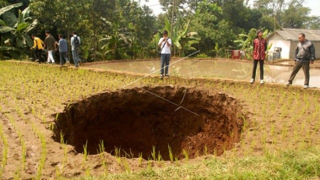 Lubang misterius di tengah sawah Sukabumi. (Foto: ANTARA FOTO/Budiyanto)