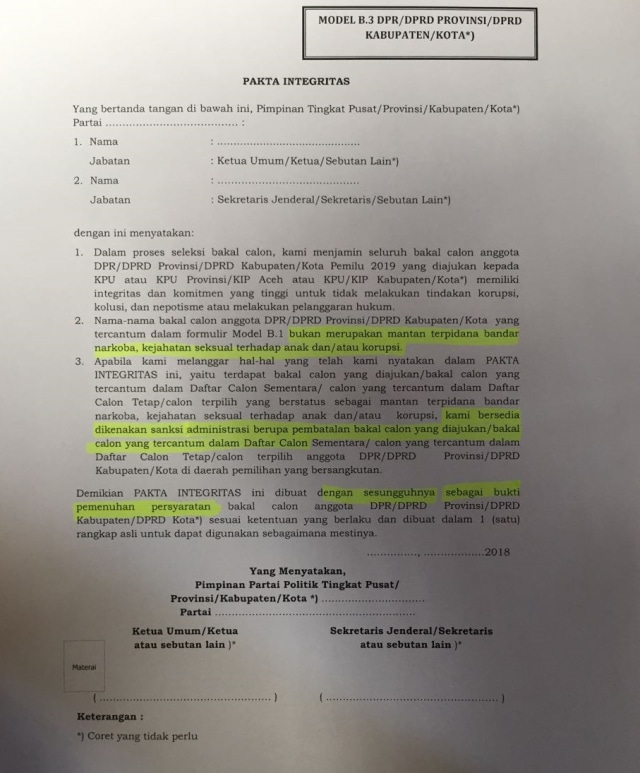 Pakta Integritas Parpol terkait mantan narapidana yang mencalonkan di pemilu legislatif. (Foto: Dok. Istimewa)