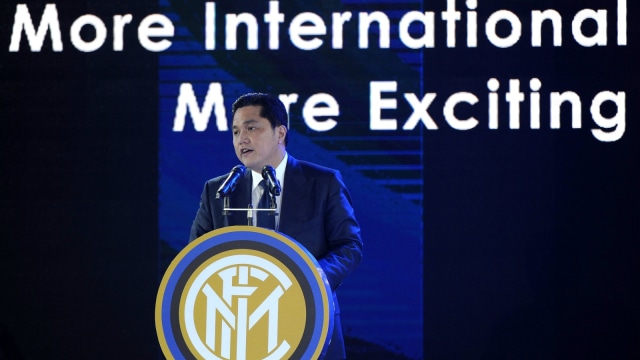 Erick Thohir, saat konferensi pers Akuisisi Inter Milan di Nanjing, provinsi Jiangsu timur China. Foto: STR/AFP