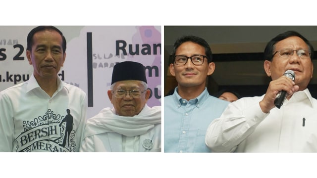 Pasangan Capres-Cawapres 2019: Joko Widodo (capres), Ma'ruf Amin (cawapres), dan Prabowo Subianto (capres, kanan), Sandiaga Uno (cawapres, kiri).  (Foto: Nugroho Sejati/kumparan, Fanny Kusumawardhani/kumparan)