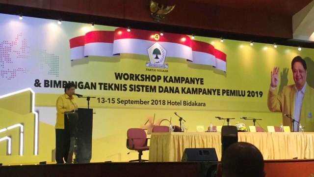 Airlangga Hatarto dalam penutupan Workshop dan BimTek Partai Golkar di Bidakara, Sabtu (15/9/2018). (Foto: Reki Febrian/kumparan)