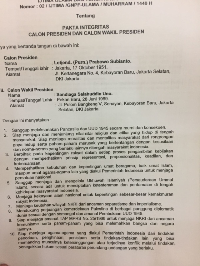 Pakta  Integritas Prabowo-Sandi dengan Ijtima Ulama (Foto: Raga Imam/kumparan)