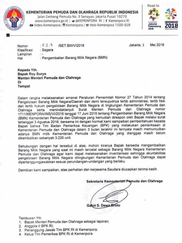Surat permohonan pengembalian barang Kemenpora (Foto: Istimewa)