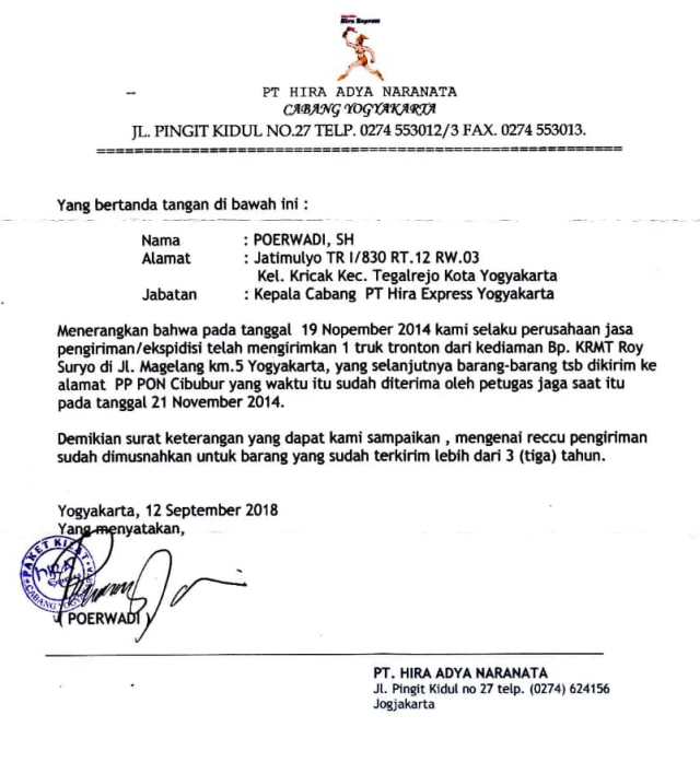 Surat pengiriman barang dari rumah Roy Suryo di Yogya ke kantor Pusat Pemberdayaan Pemuda dan Olahraga (PP PON) di Cibubur. (Foto: Istimewa)