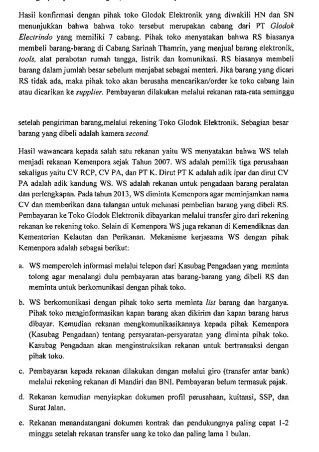 Kronologi pembelian barang oleh Roy Suryo versi BPK (lembar dalam Laporan Hasil Pemeriksaan BPK atas Laporan Keuangan Kemenpora Tahun 2014). (Foto: Dok. Istimewa)