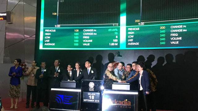 PT Pratama Nusa Abadi (kiri) dan PT Arkadia Digital Media (kanan) catatkan saham perdana di Bursa Efek Indonesia, Jakarta, Selasa (18/9/2018). (Foto: Elsa Toruan/kumparan)