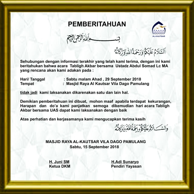 Ustaz Somad batal ceramah di Tangerang Selatan. (Foto: Dok. Istimewa)