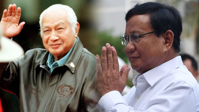 Mantan Presiden RI ke-2, Soeharto, dan Capres RI 2019, Prabowo Subianto (Foto: John Gibson/AFP, ANTARA FOTO/Sigid Kurniawan)