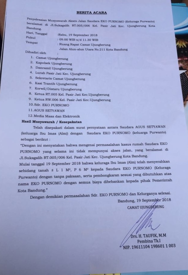 Surat hasil musyawarah untuk akses jalan rumah Pak Eko. (Foto: Dok.Istimewa)