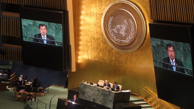 Pidato Jusuf Kalla saat Sidang Umum PBB di New York, Amerika Serikat. (Foto: Ananda Teresia/kumparan)