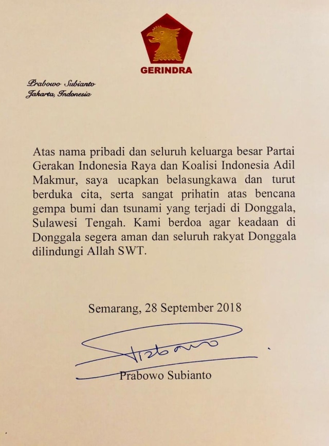 Surat duka Probowo-Sandi untuk Donggala. (Foto: Dok. Istimewa)