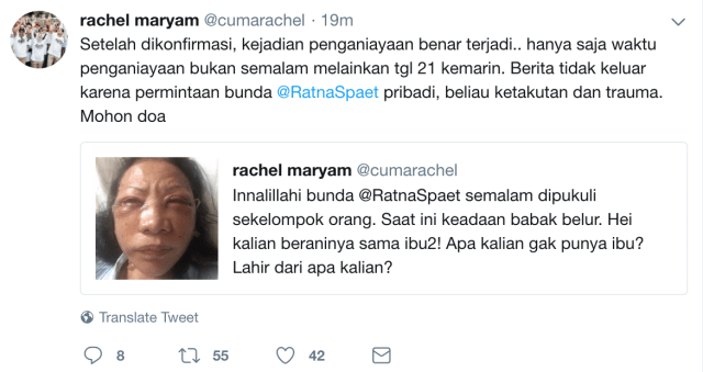 Twitter Rachel Maryam mengabarkan peristiwa yang menimpa Ratna Sarumpaet, Selasa (2/10/2018). (Foto: Twitter)