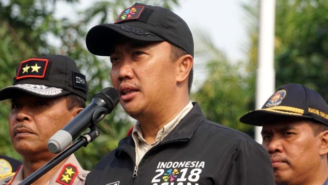 Imam Nahrawi mengikuti apel gelar pasukan dalam rangka pengamanan Asian para games 2018. (Foto:  Irfan Adi Saputra/kumparan)