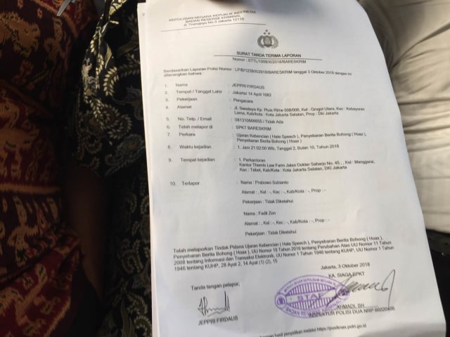 Laporan Prabowo Subianto dan Fadli Zon lakukan penyebaran berita hoaks. (Foto: Yuana Fatwalloh/kumparan)