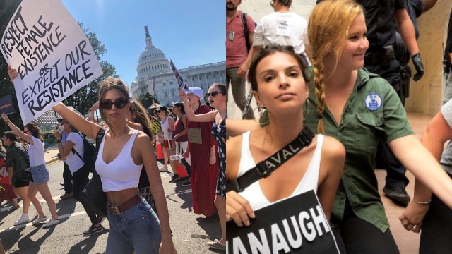 Emily Ratajkowski dan Amy Schumer saat melakukan aksi protes atas pencalonan Brett Kavanaugh sebagai hakim Mahkamah Agung AS. (Foto: IG: @emrata)