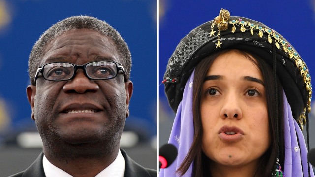 Denis Mukwege (kiri) dan Nadia Murad (kanan), pemenang nobel perdamaian. (Foto: AFP PHOTO / Frederick Florin)