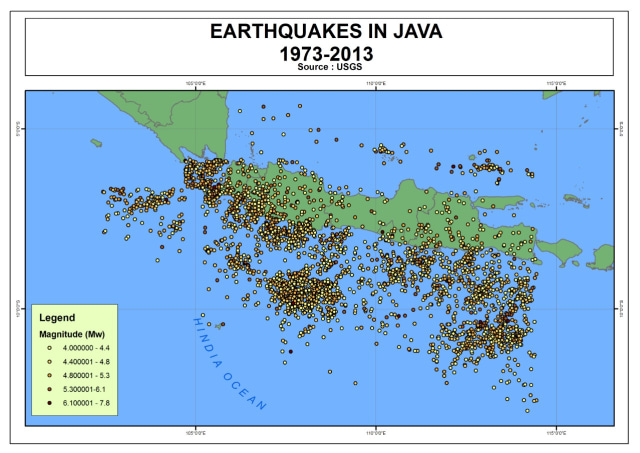 Peta gempa bumi di Jawa antara tahun 1973-2013 (Foto: Dok. Dwiyanti Kusumaningrum)
