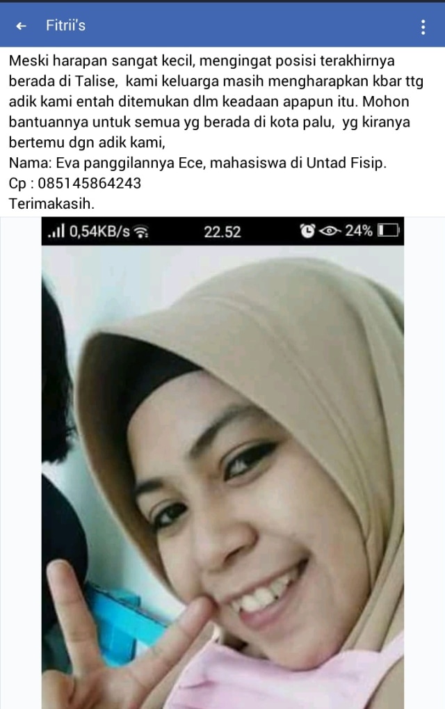 Eva, mahasiswi Universitas Tadulako, hilang setelah tsunami Palu. (Foto: Dok: Jumra )