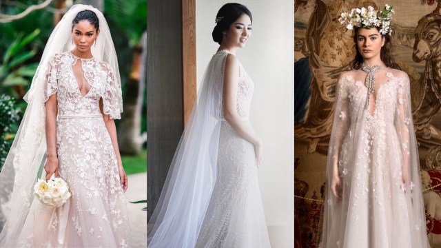 Aksen cape pada gaun pengantin (Foto: Dok. Hian Tjen, Reem Acra)
