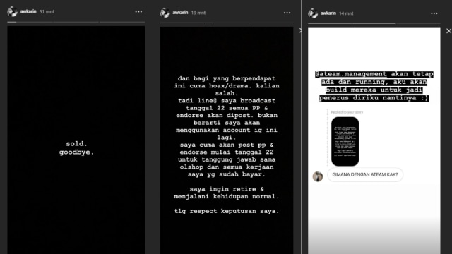 Instagram story awkarin jual akun Instagram (Foto: Instagram @awkarin)
