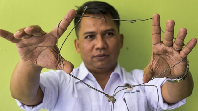 Petugas menunjukan jerat baja di Provinsi Riau. (Foto: ANTARA FOTO/FB Anggoro)