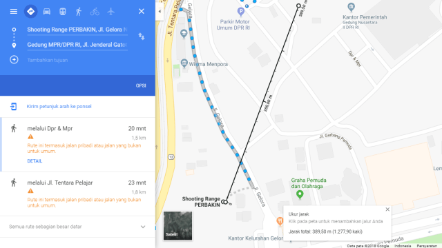 Jarak antara Lapangan Tembak Perbakin dan Gedung Nusantara I DPR di Google Maps (Foto: Google)
