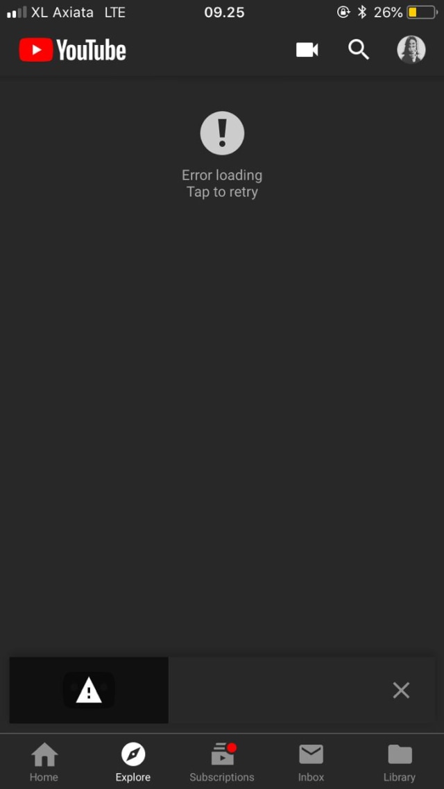 Tampilan eror YouTube di aplikasi iOS. (Foto: kumparan)