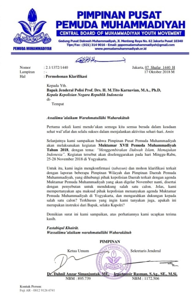 Isi surat yang dilayangkan ke Polri. (Foto: Dok. Fuji Abdurrahman)