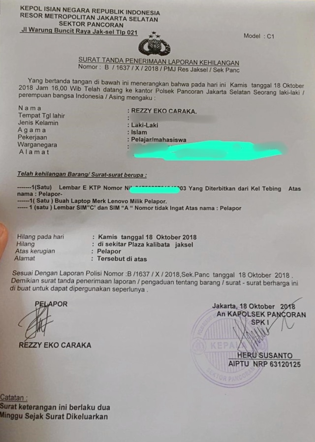 Surat tanda penerimaan laporan kehilangan. (Foto: Dok. Rezzy Eko Caraka)