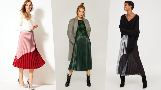Rekomendasi pleated skirt untuk tampilan ke kantor (Foto: dok. Mark & Spencer, Stradivarius, H&M)