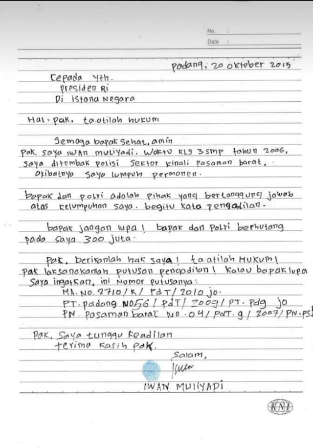 Surat Iwan muliyadi untuk Presiden Jokowi. (Foto: Dok. Istimewa)