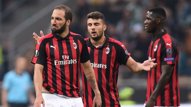 Ekspresi kecewa para pemain Milan. (Foto: Reuters/Daniele Mascolo)