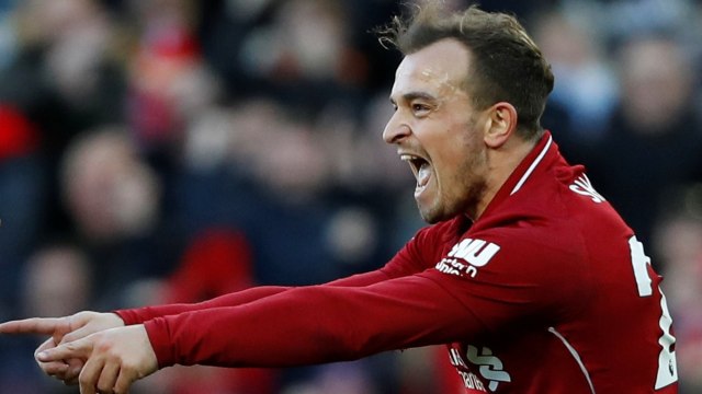 Xherdan Shaqiri merayakan golnya ke gawang Cardiff City. (Foto: REUTERS/Russell Cheyne)