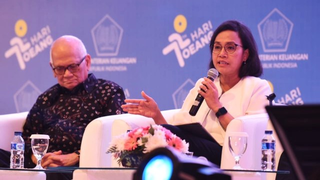 Menteri Sri Mulyani di seminar Hari Oeang ke-72. (Foto: Dok: Kemenkeu)