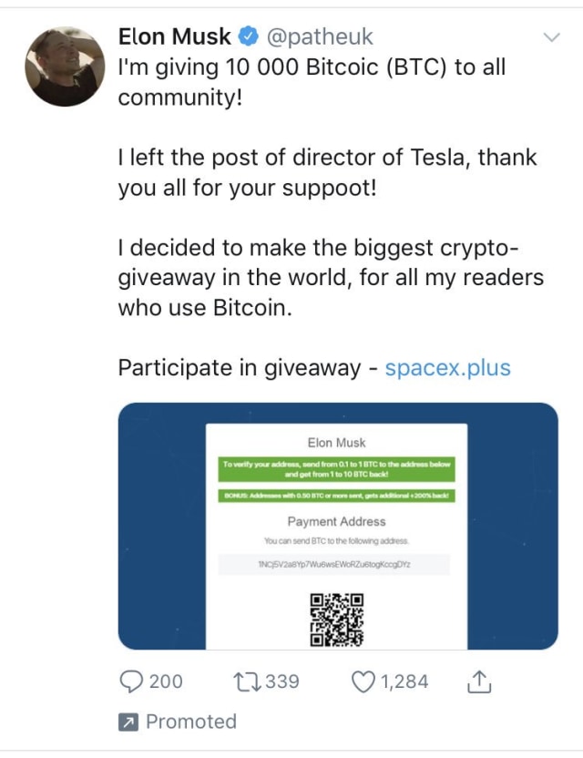 Screenshot kicauan akun Twitter Elon Musk palsu. (Foto: Twitter)