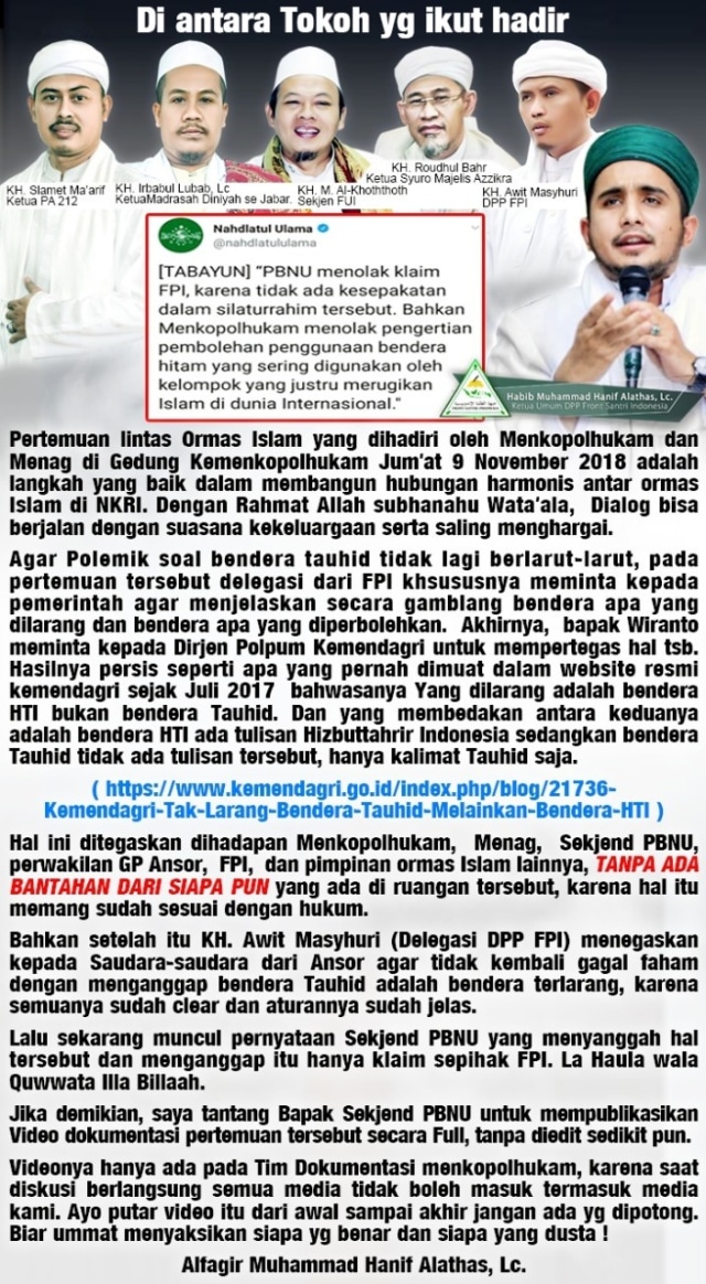 Kesepakatan soal bendera Tauhid menurut FPI sesuai rapat di kantor Kemenkopolhukam. (Foto: Dok. FPI)