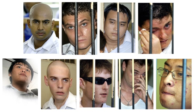 Kesembilan anggota Bali Nine, atas dari kiri ke kanan: Myuran Sukumaran, Scott Rush, Tach Duc Thanh Nguyen, Renae Lawrence, bawah dari kiri ke kanan:   Si Yi Chen, Matthew Norman, Michael Czugaj, Martin Stephe dan Andrew Chan (Foto: AFP/JEWEL SAMAD)