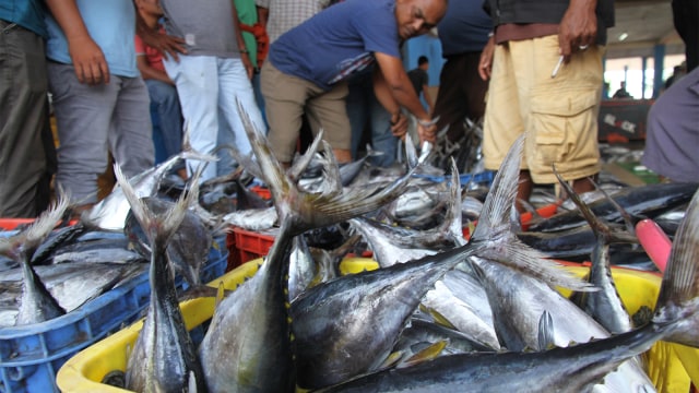 Pedagang melayani pembeli ikan segar di Tempat Pelelangan Ikan (TPI). (Foto: ANTARA FOTO/Syifa Yulinnas)
