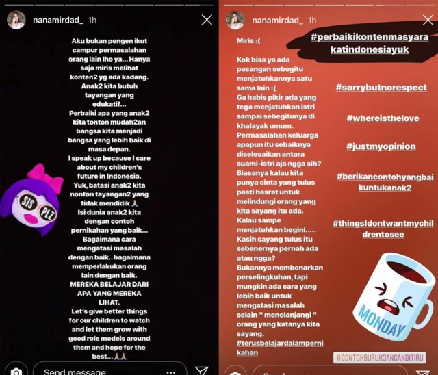 Unggahan Nana Mirdad soal pasangan suami istri saling menjatuhkan (Foto: Instagram story/@nanamirdad_)