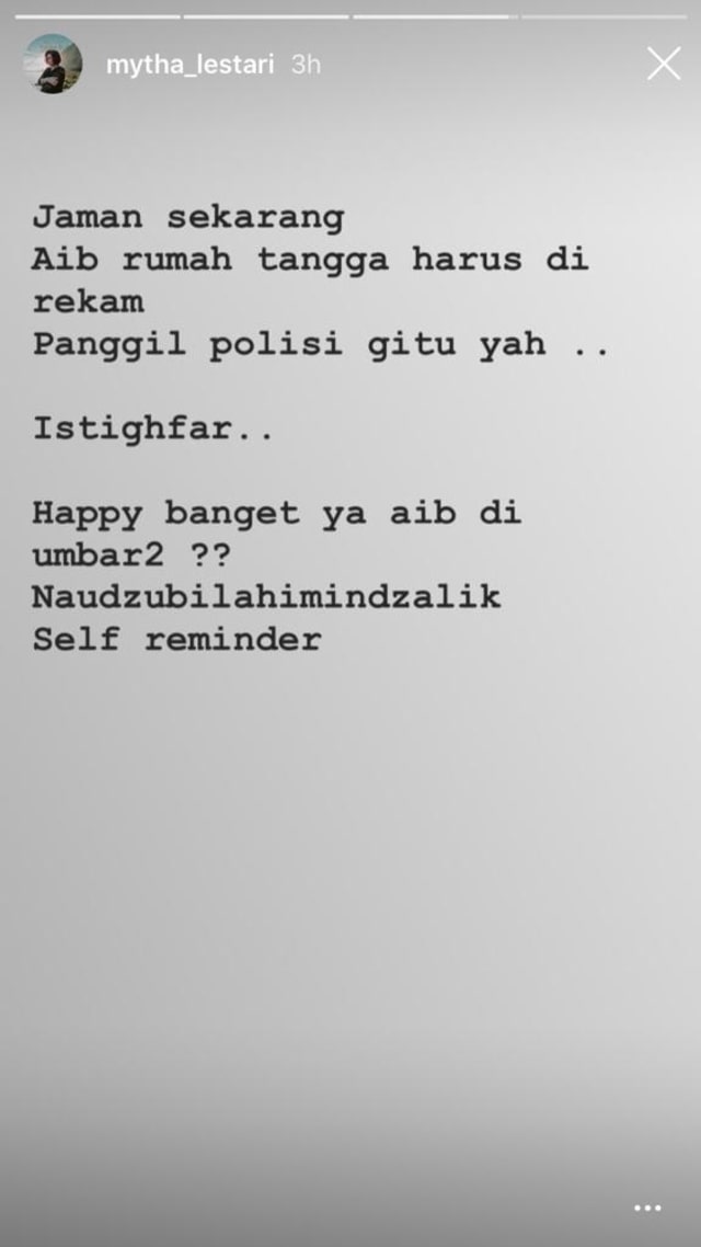 Unggahan Instagram Story Mytha Lestari diduga menyindir Vicky Prasetyo dan Angel Lelga.  (Foto: Instagram/@mytha_lestari)
