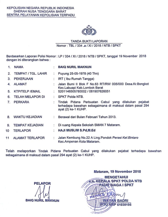 Laporan Baiq Nuril ke Polisi. (Foto: Dok. Istimewa)