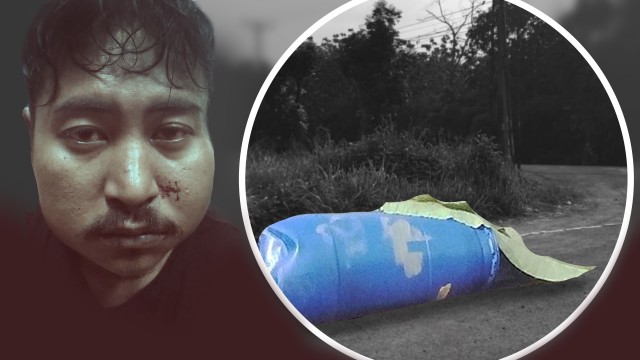 Nurhadi (pembunuh Dufi) dan tong tempat jasad Dufi ditemukan (Foto:  Putri Sarah Arifira/kumparan)