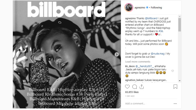 Lagu duet Agnez Mo dan Chris Brown "Overdose" tembus empat kategori sekaligus di tangga lagu Billboard. (Foto: instagram.com/agnezmo)