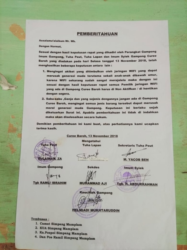Surat pemberitahuan larangan adanya jaringan WIFI di warkop. (Foto: Dok.Istimewa)